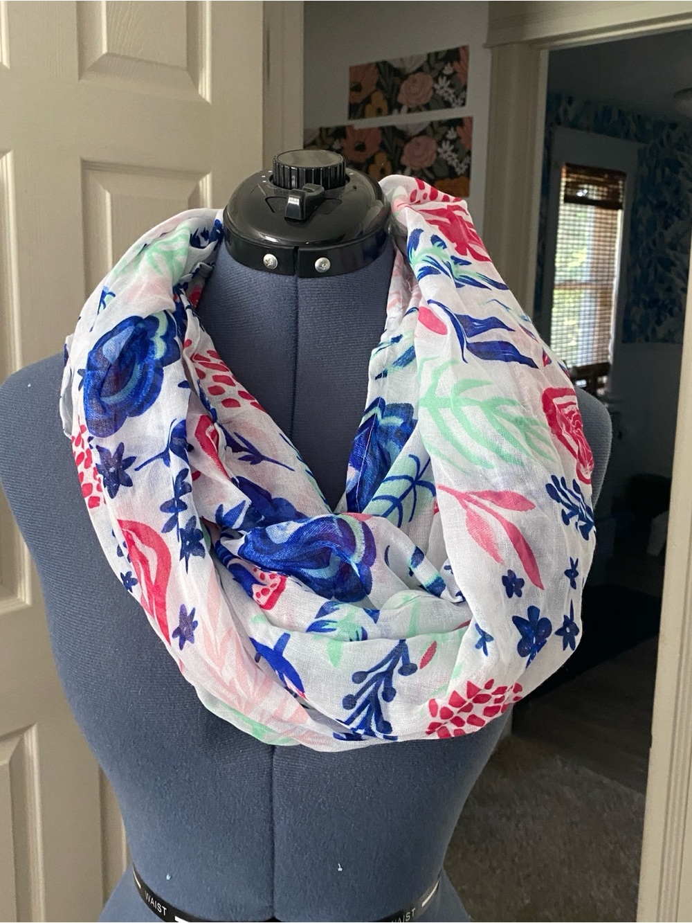 Hallmark White Infinity Scarf with Blue, Pink & Mint Floral Print